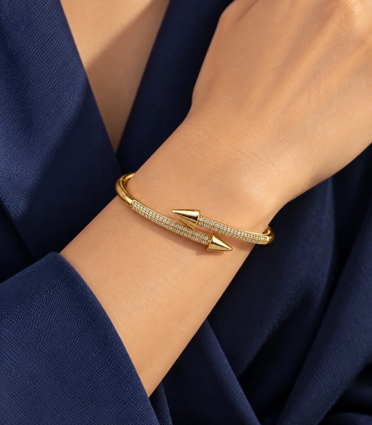 JIMIKI Gold-Tone Double Row Pavé Spear Wrap Bangle — bangle styled with an outfit #color_gold-tone / clear