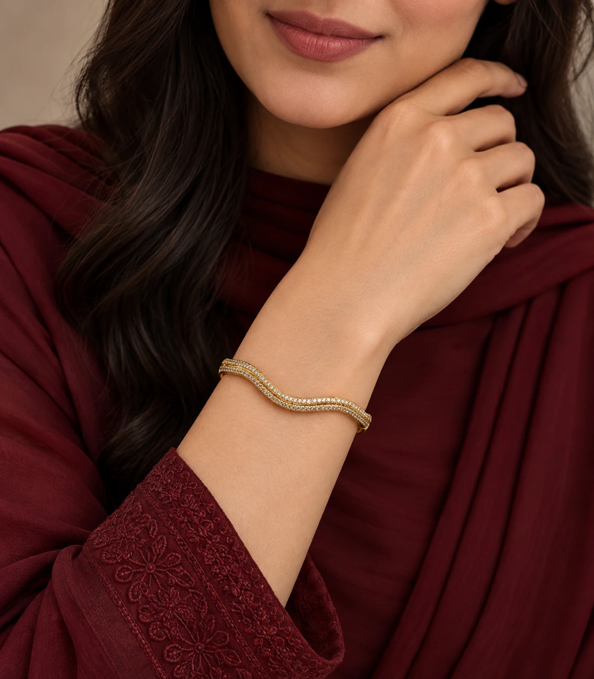 JIMIKI Gold-Tone Double Wave Pavé Bangle — bangle styled with an outfit #color_gold-tone / clear