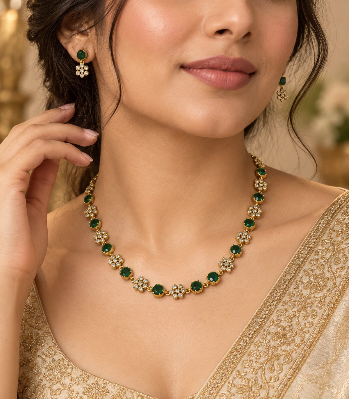 Crystal Floral Necklace Set in Emerald, editorial model view #Color_Emerald