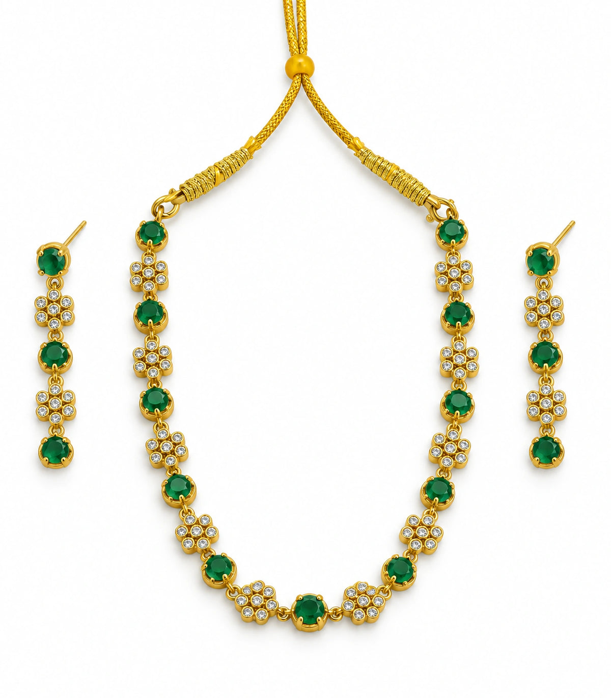 Crystal Floral Necklace Set in Emerald, white-background product view #Color_Emerald