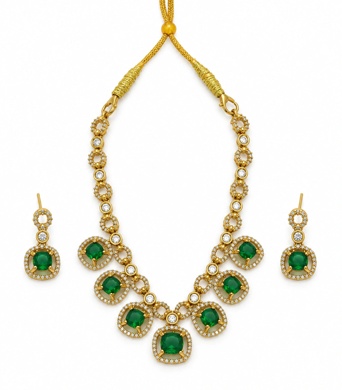 Round Crystal Teardrop Necklace Set in Emerald with gold-tone finish, white-background product view #Color_Emerald