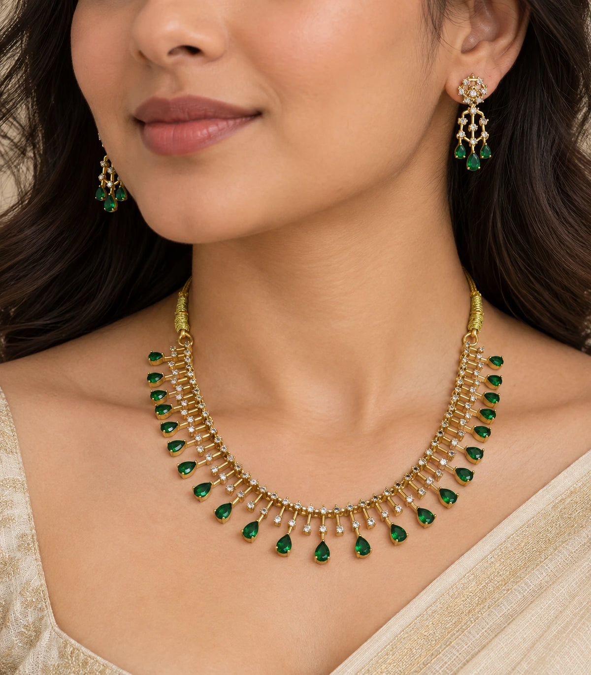 Detail of the emerald-green necklace fringe and matching earrings shown worn #Color_Emerald
