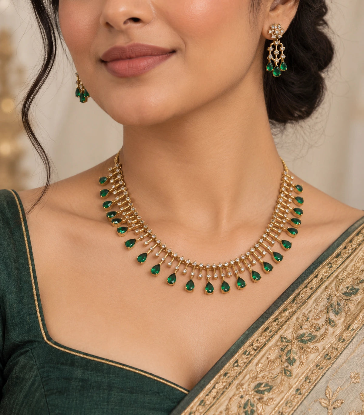 Emerald-green necklace set shown worn with a green and gold outfit #Color_Emerald