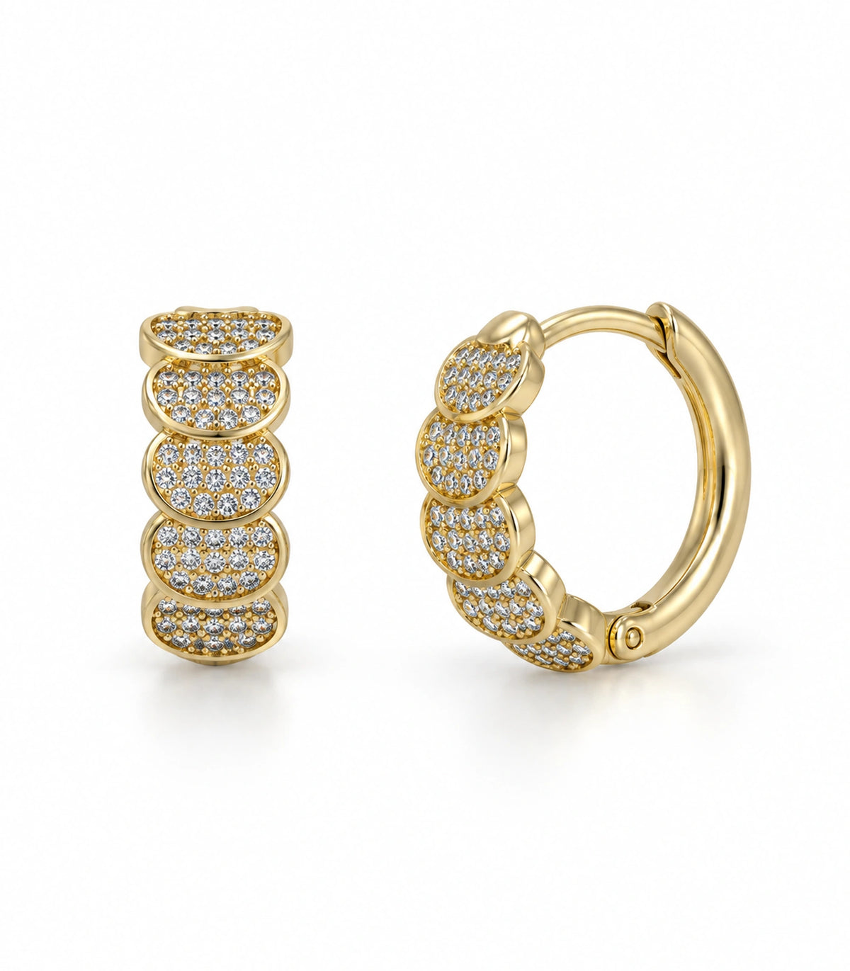 JIMIKI Five Scallop Pave Hinged Hoop Earring Pair in Gold Tone, white background product view #color_gold tone