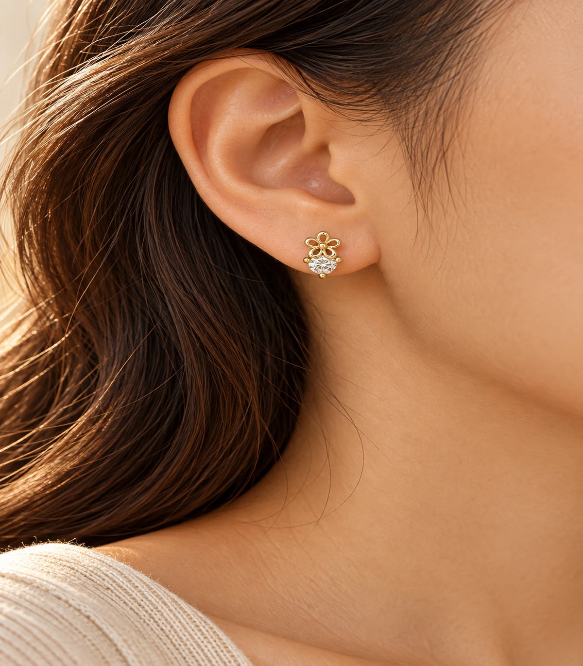JIMIKI Gold Tone Flower Solitaire Stud Earrings — editorial worn styling #color_gold-tone