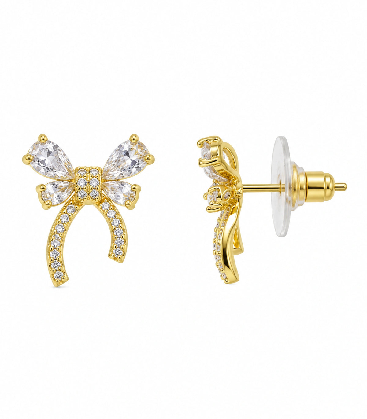 JIMIKI Four Pear Crystal Bow Stud Earring Pair in Gold Tone, white background product view #color_gold tone