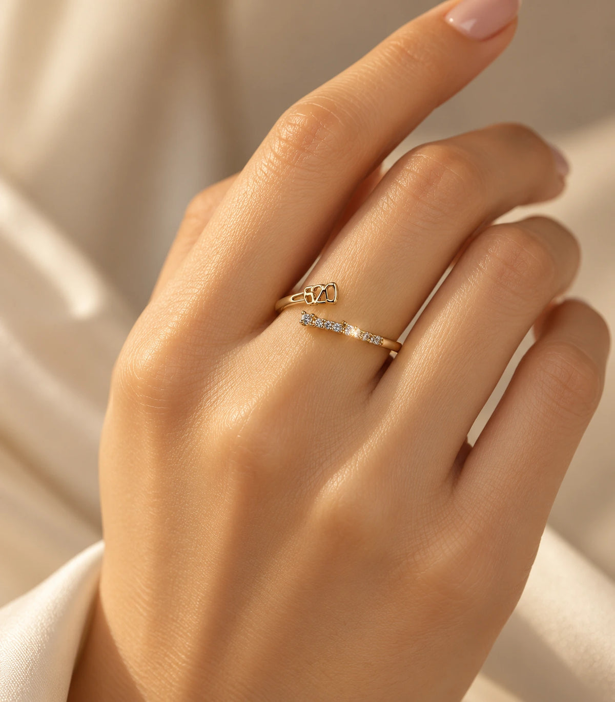 Gold Tone Geometric Pave Open Ring — Editorial worn view