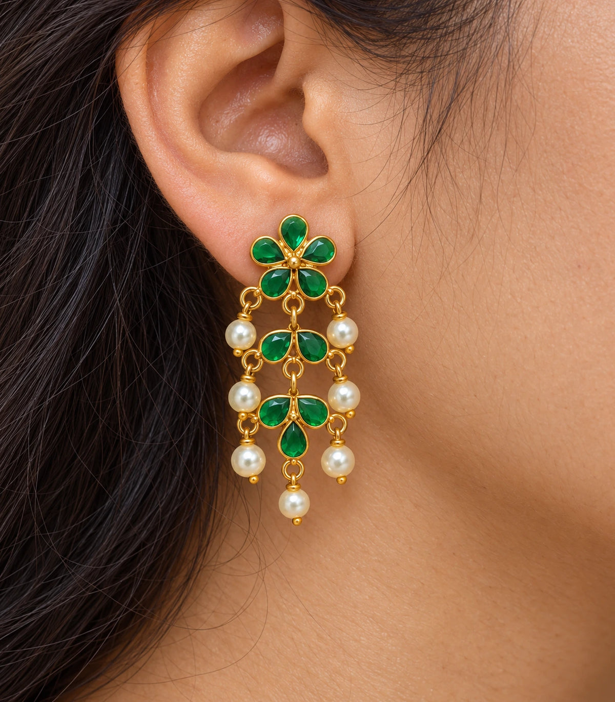 JIMIKI green floral pearl-style chandelier earrings, worn closeup detail #color_green