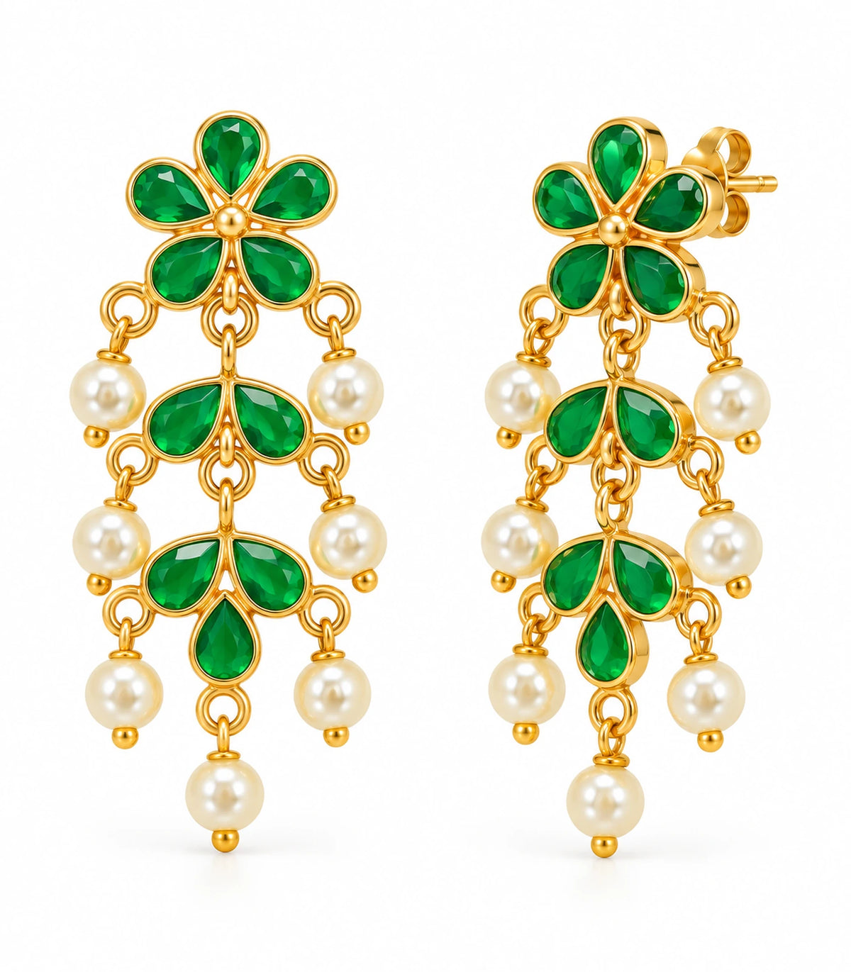 JIMIKI green floral pearl-style chandelier earrings, matching pair on white background #color_green