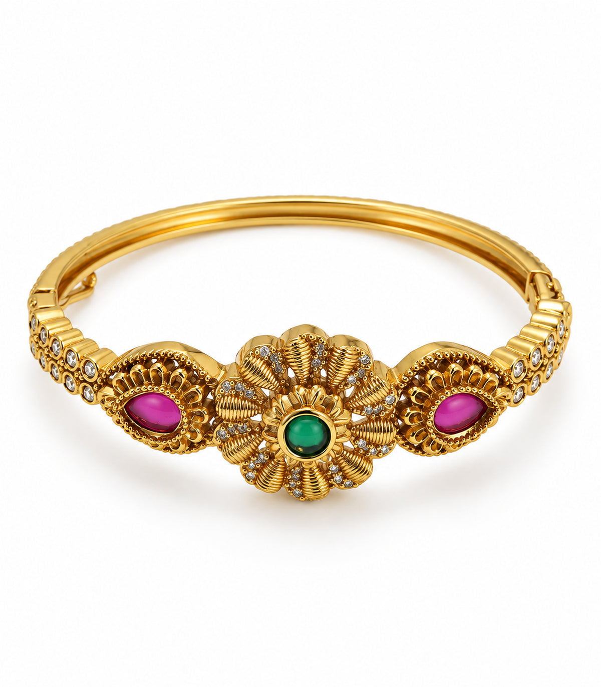 Gold-tone single hinged bangle with green flower centre and two magenta teardrops on white