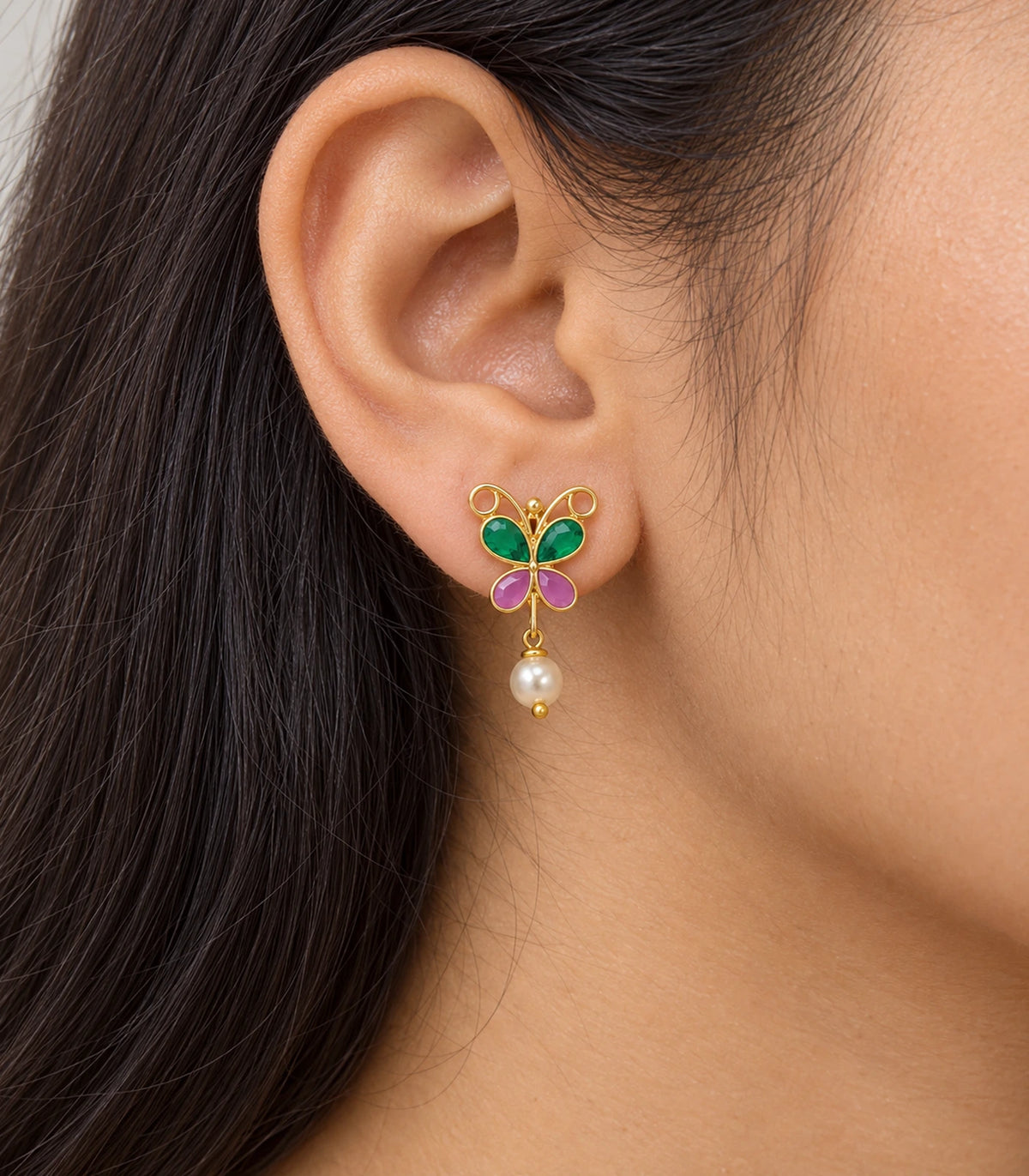 JIMIKI Green & Pink butterfly pearl drop earrings, worn on the ear #color_green-pink
