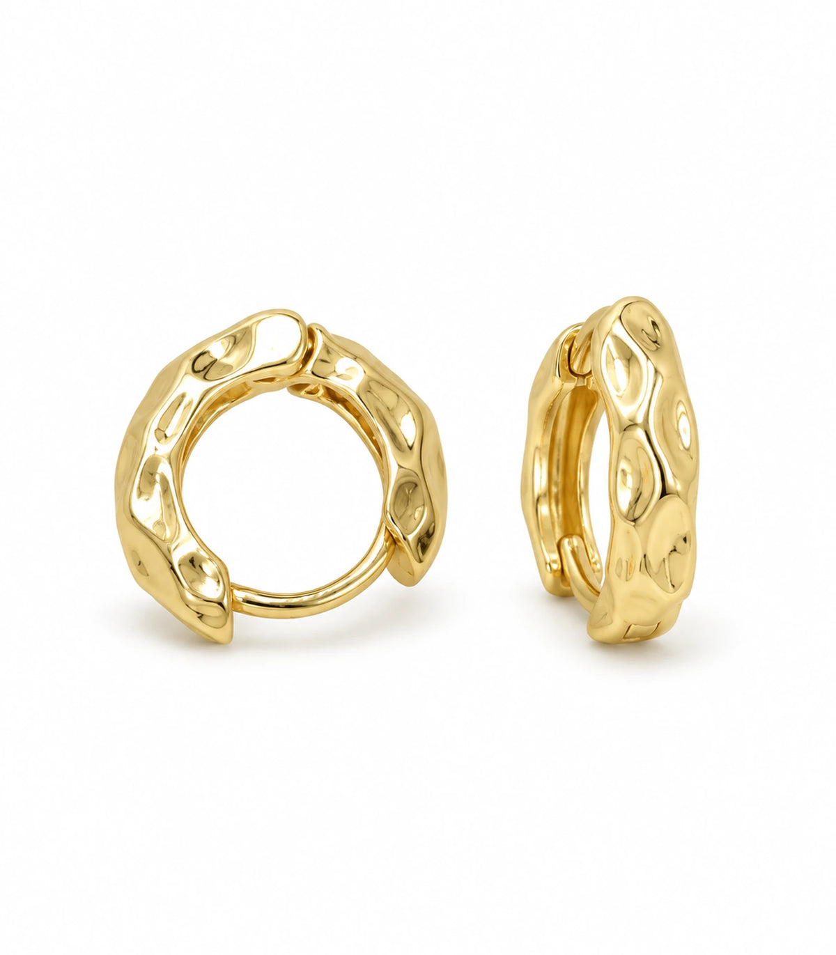 JIMIKI Gold Tone Hammered Hoop Earrings, matching pair on white background #color_gold-tone