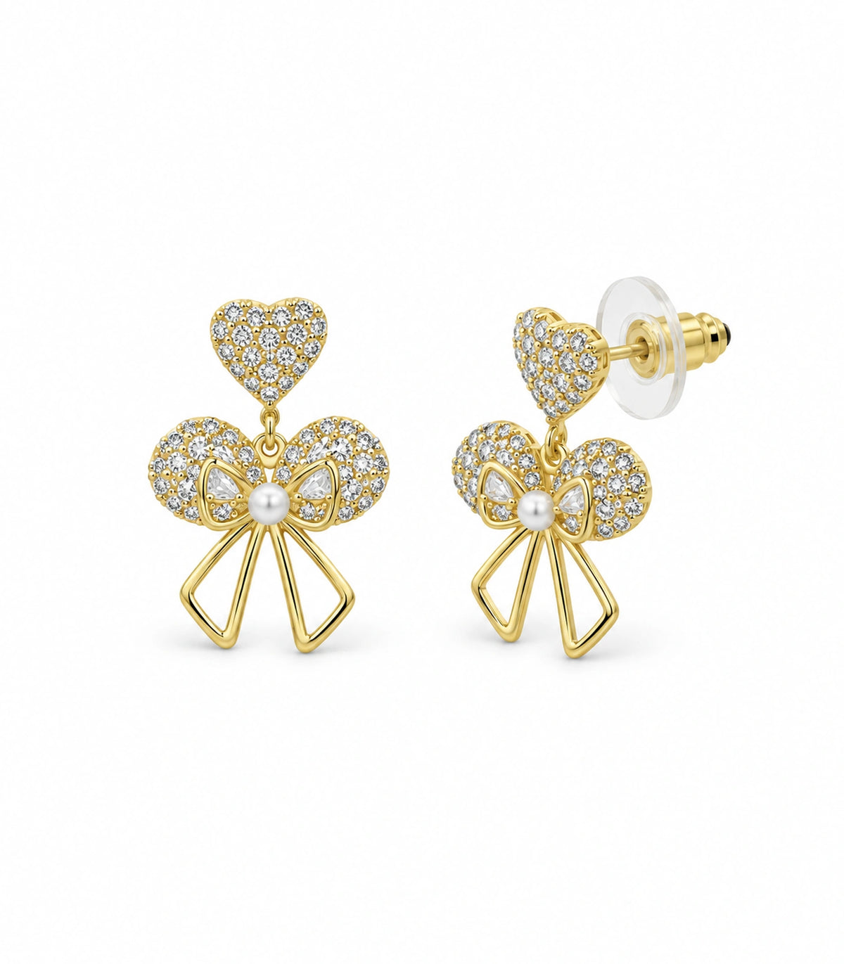 JIMIKI Gold-Tone Heart Bow Pearl Drop Earrings in Gold / Clear / White, white background product view