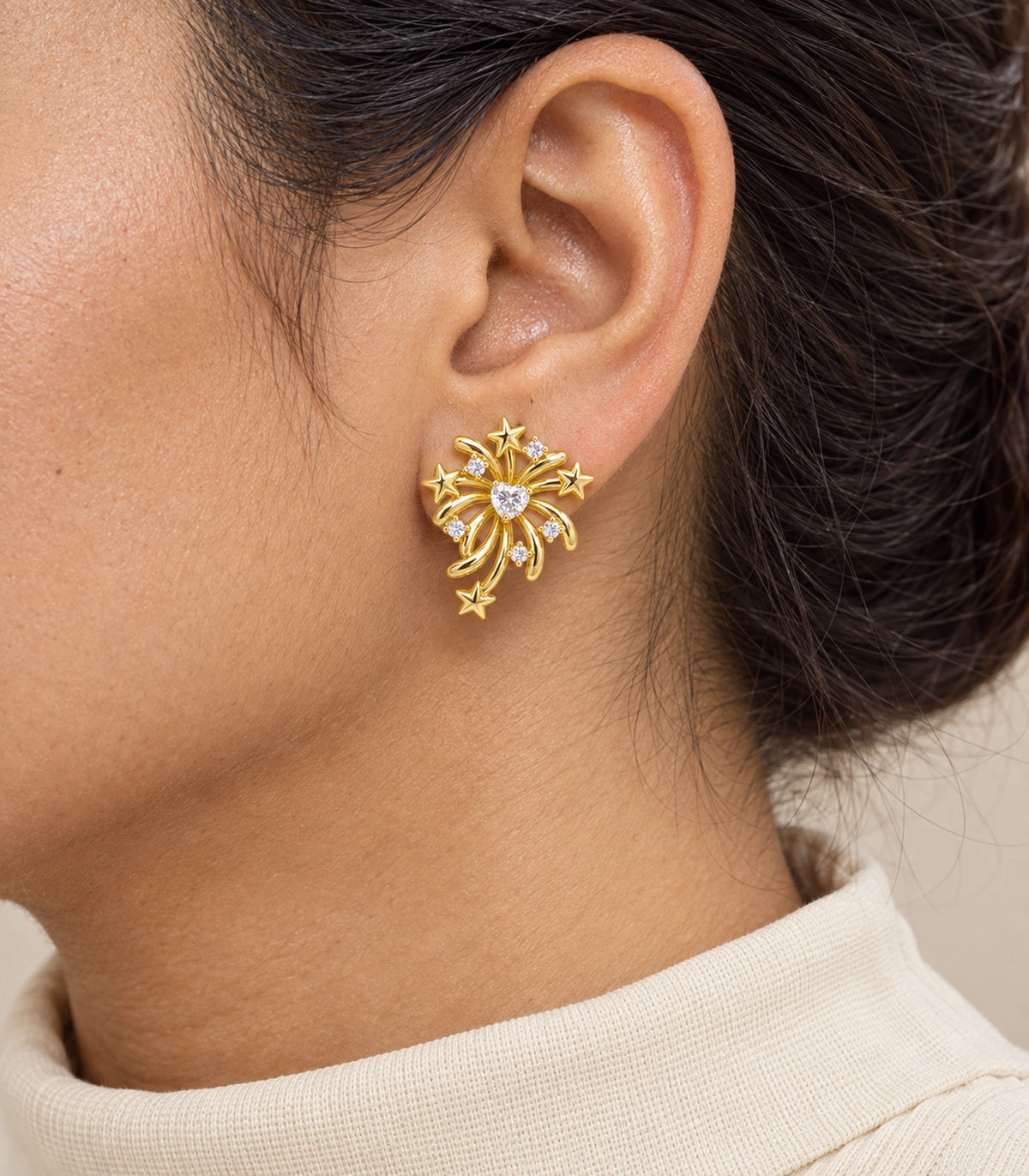 JIMIKI Heart Crystal Starburst Stud Earring Pair in Gold tone/Clear, close-up detail #color_gold tone/clear