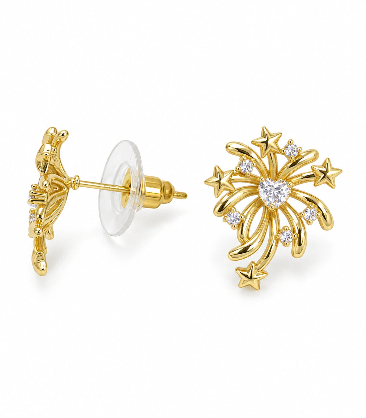 JIMIKI Heart Crystal Starburst Stud Earring Pair in Gold tone/Clear, white background product view #color_gold tone/clear