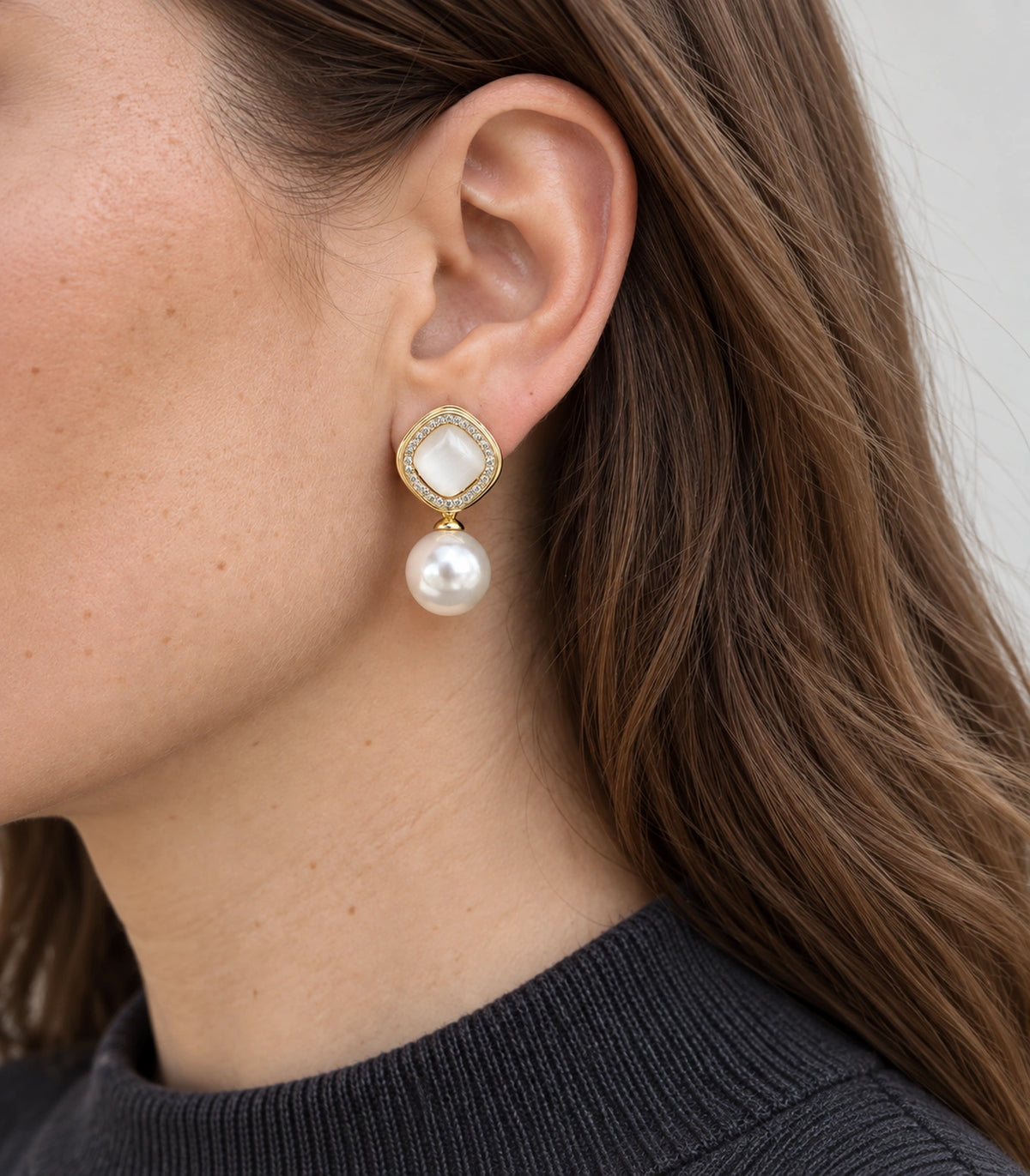 JIMIKI Crystal Halo Pearl Drop Earring Pair in Gold-tone / Ivory, close-up detail #color_gold-tone / ivory