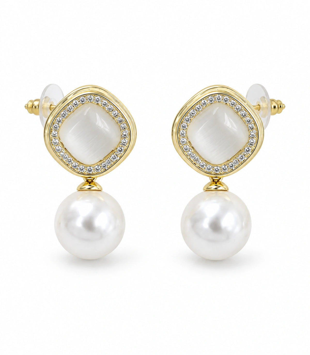 JIMIKI Crystal Halo Pearl Drop Earring Pair in Gold-tone / Ivory, white background product view #color_gold-tone / ivory