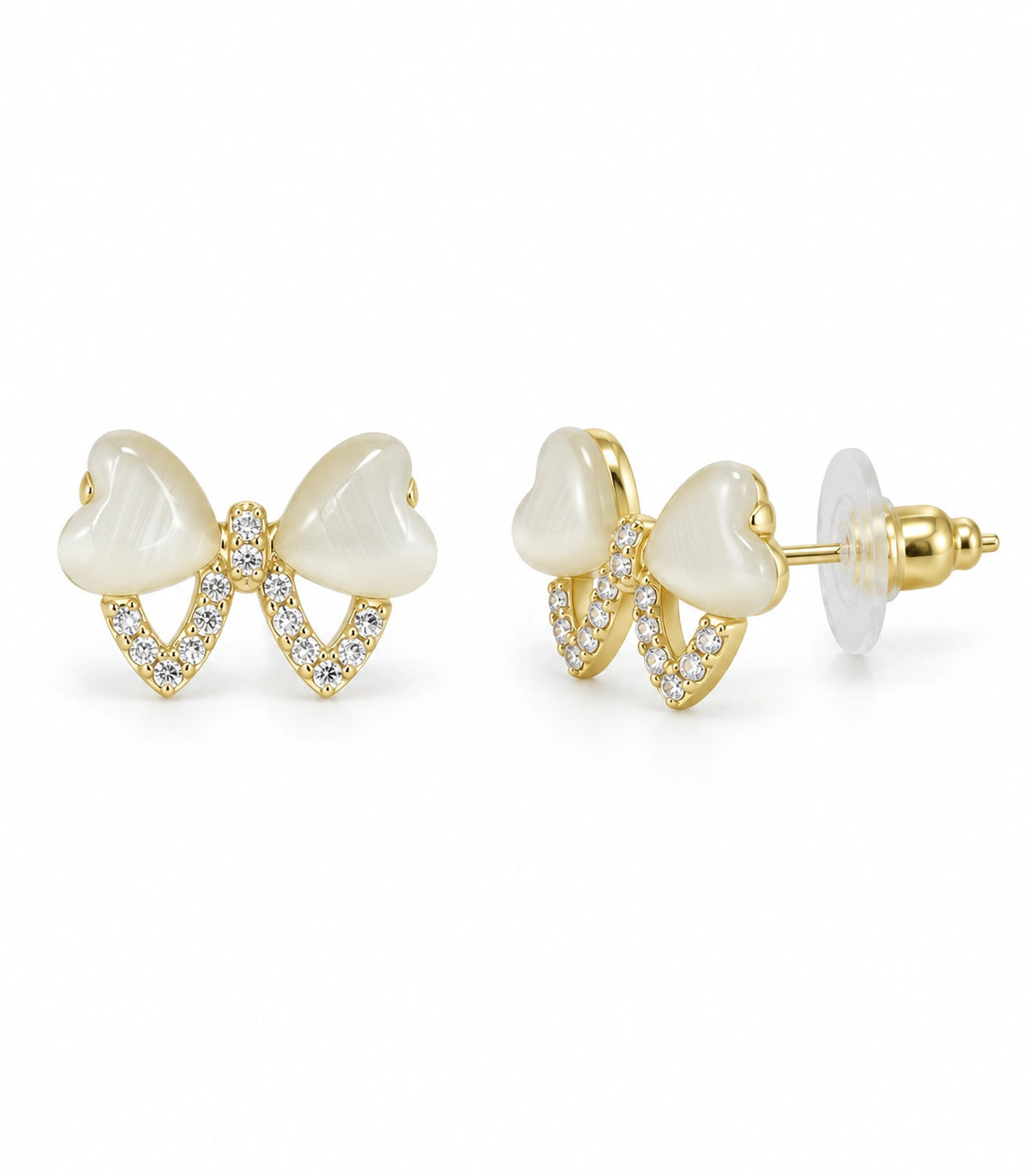 JIMIKI Gold Tone Ivory Heart Bow Crystal Stud Earring Pair in Gold tone, white background product view