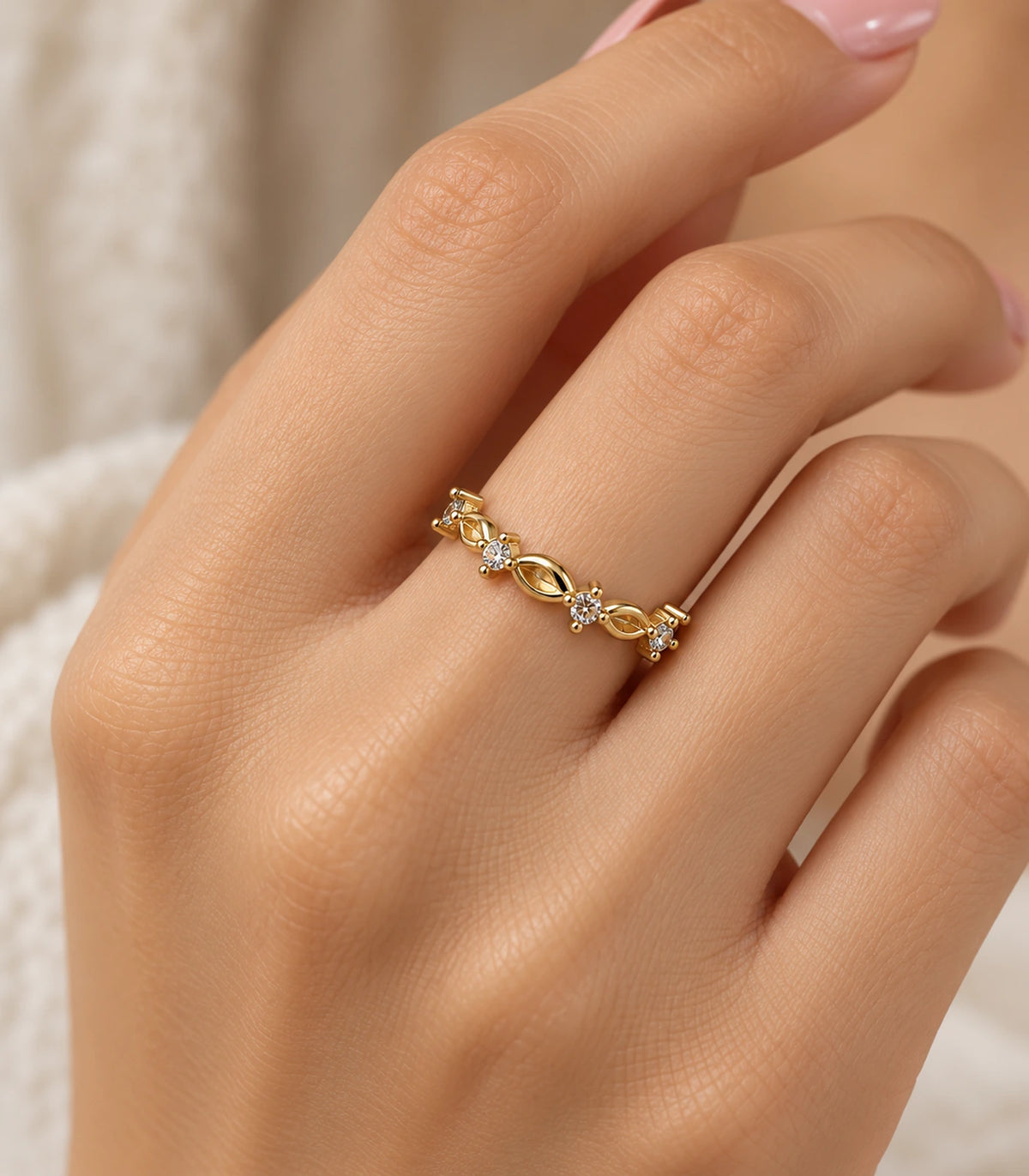 JIMIKI Gold Tone Linked Leaf Crystal Ring in Gold Tone - worn styling view #color_gold-tone