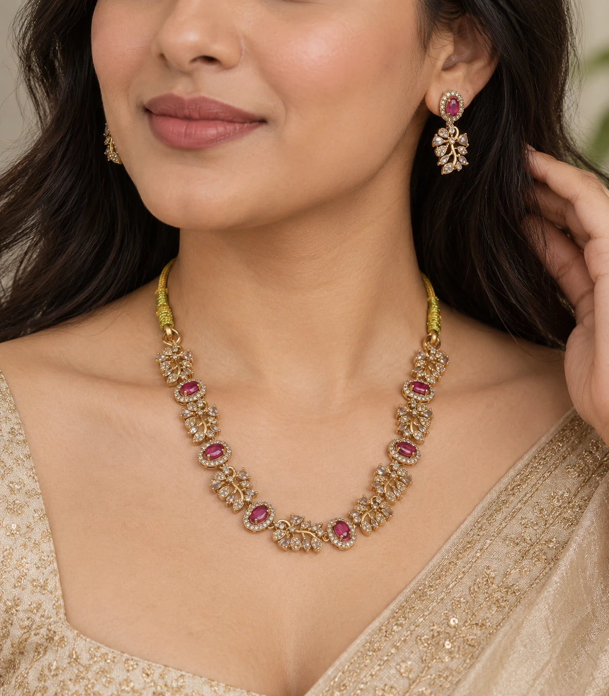 Close view of the Magenta Crystal Floral-Link Necklace Set and matching earrings #Color_Magenta