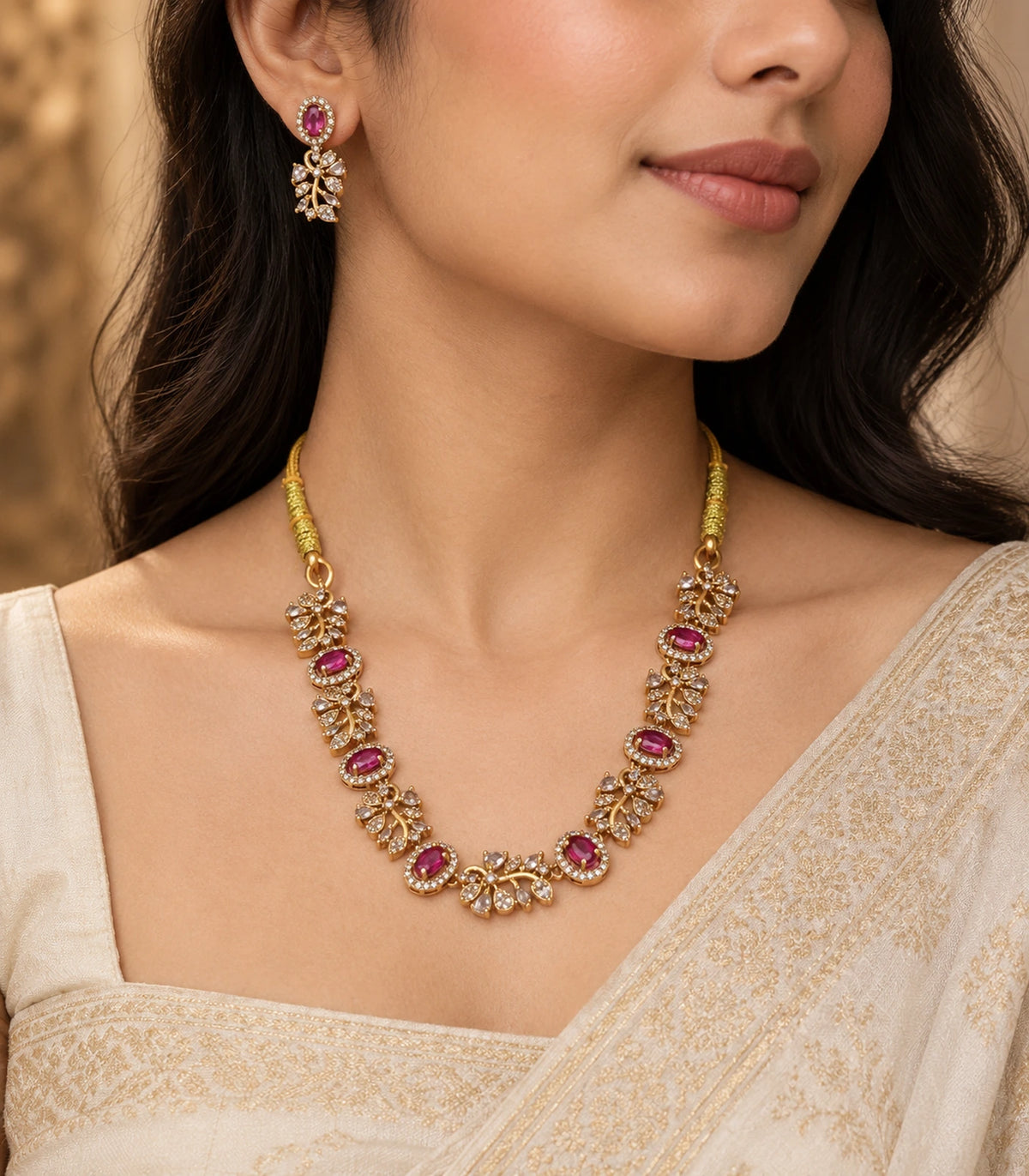 Magenta Crystal Floral-Link Necklace Set worn with a gold-tone embroidered outfit #Color_Magenta