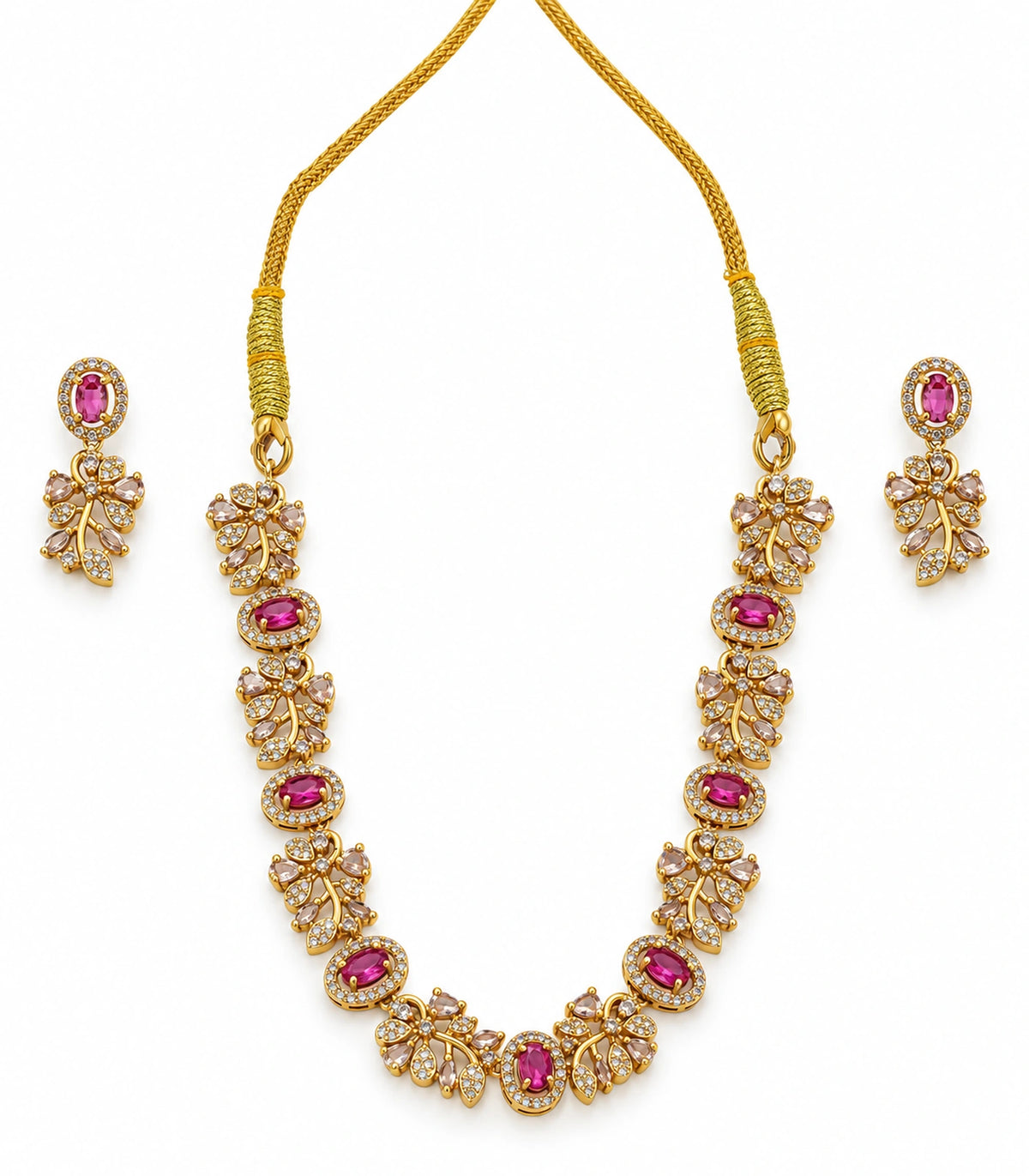 Crystal Floral-Link Necklace Set in Magenta with matching earrings on a white background #Color_Magenta