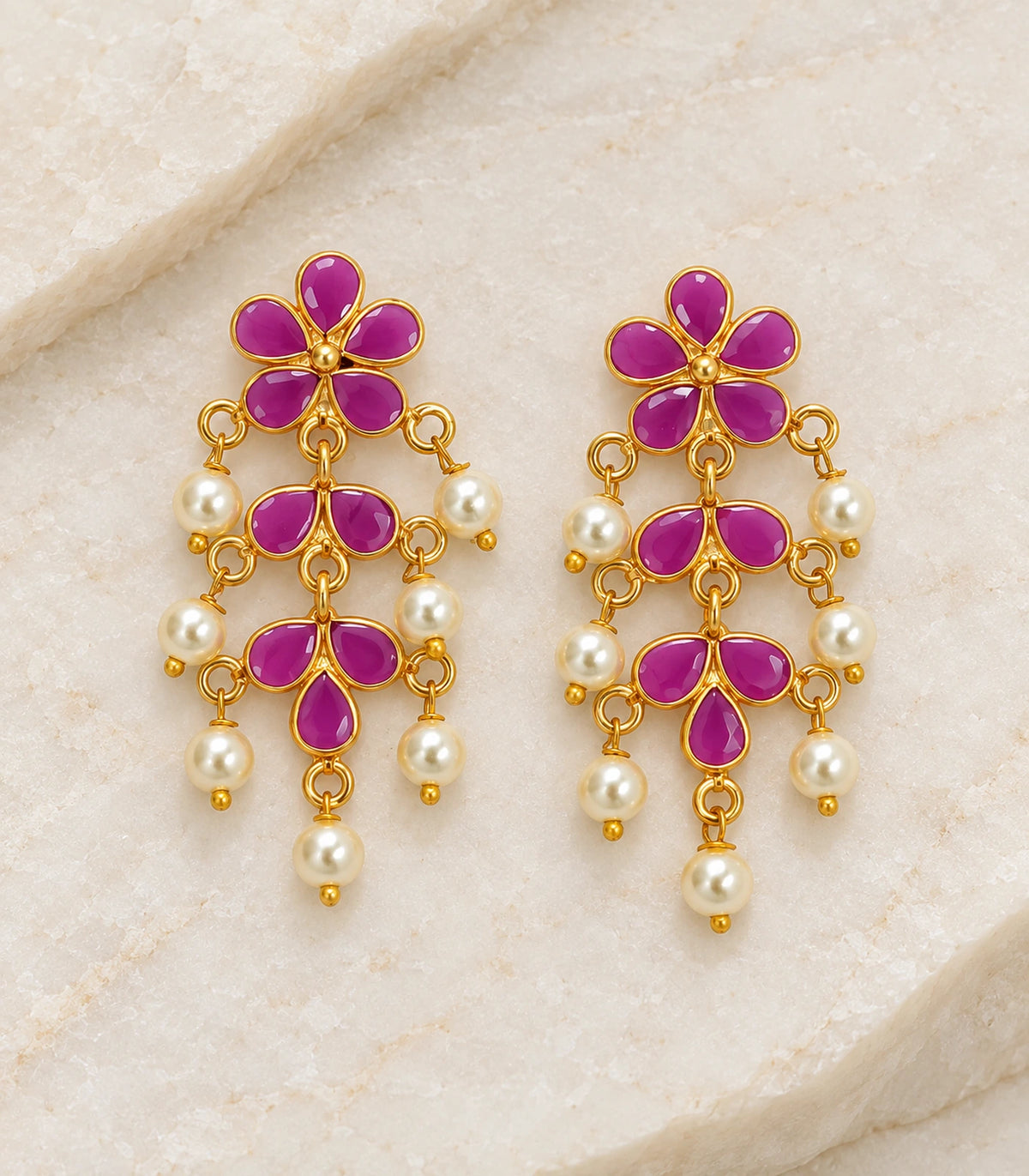 JIMIKI magenta floral pearl-style chandelier earrings, matching pair on stone #color_magenta