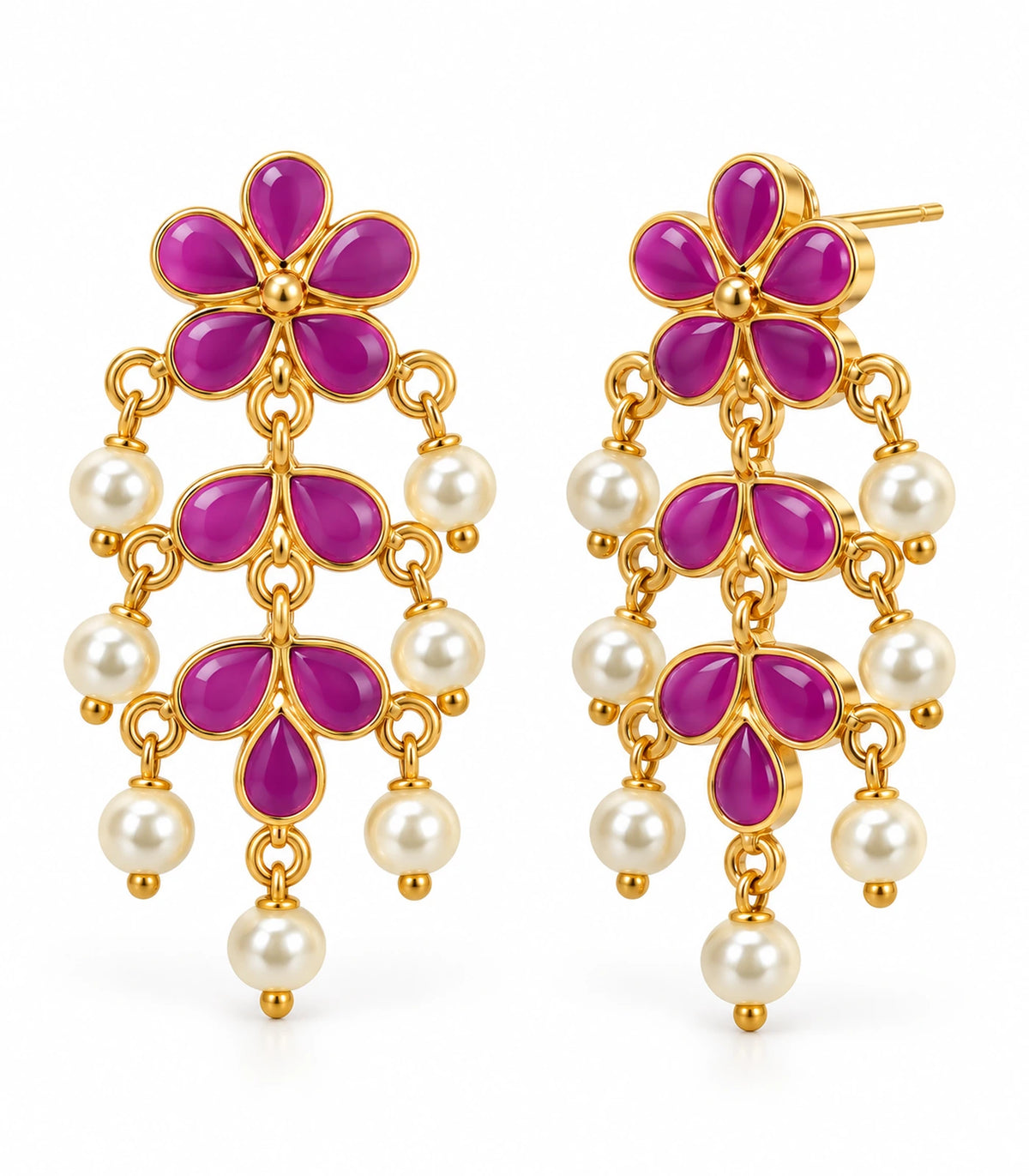 JIMIKI magenta floral pearl-style chandelier earrings, matching pair on white background #color_magenta