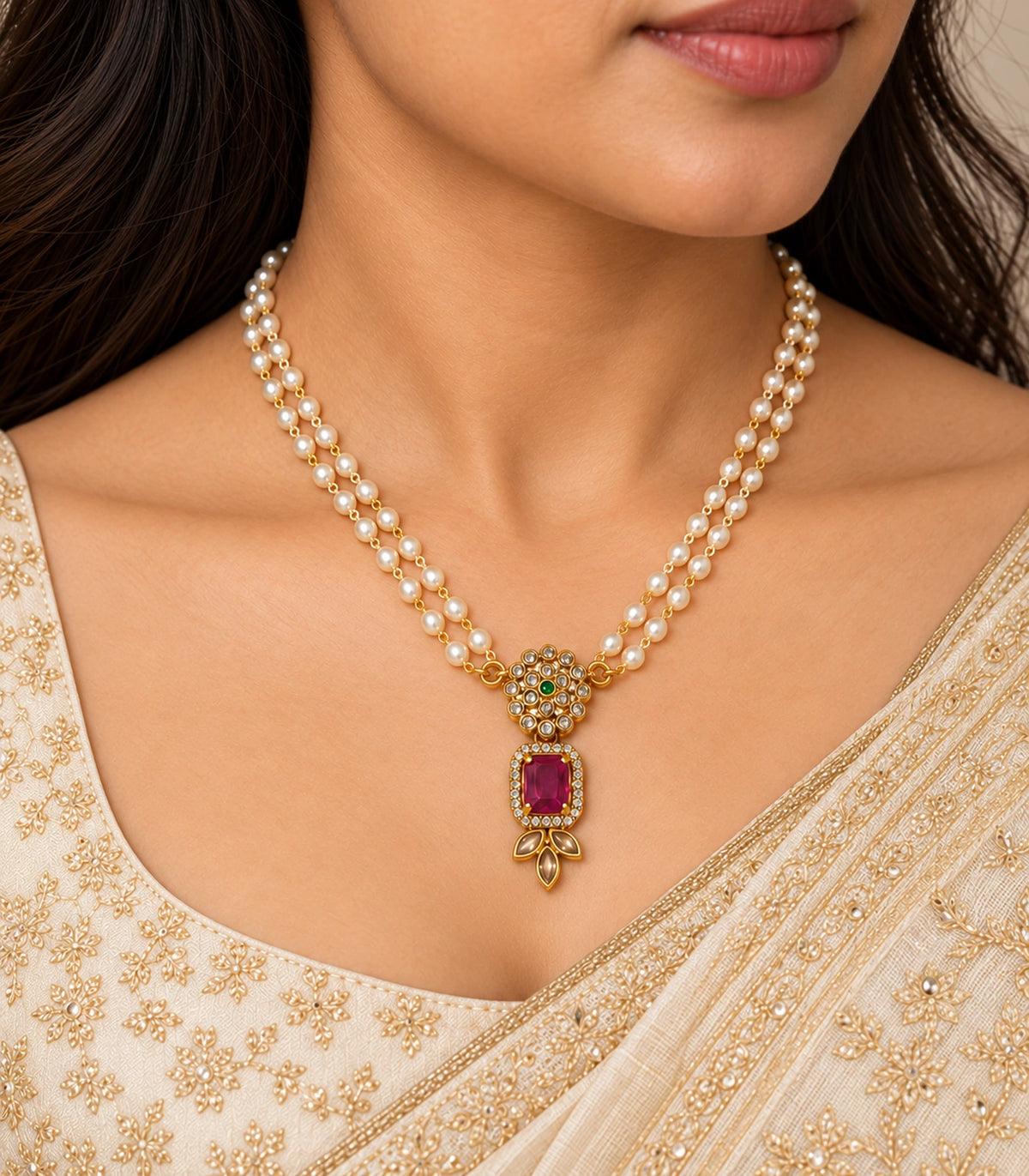 One magenta-green cluster pendant necklace with twin white bead strands and three marquise tips, in a worn close view; ears and eyes outside frame.