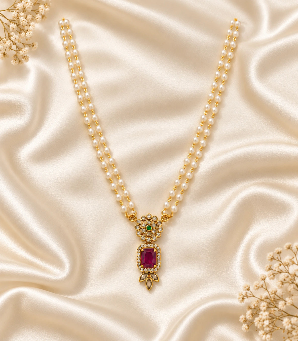One necklace with twin white bead strands and magenta-green pendant arranged completely on ivory satin; no earrings.