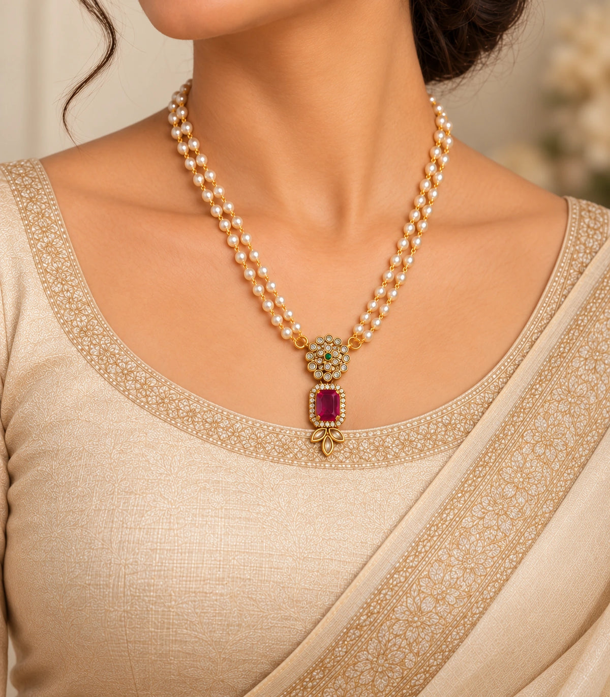 One magenta-green cluster pendant necklace with twin white bead strands and three marquise tips, worn in a turned pose; ears and eyes outside frame.