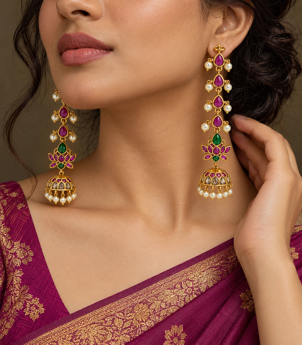 Gold-tone magenta and green lotus jhumka earrings shown worn