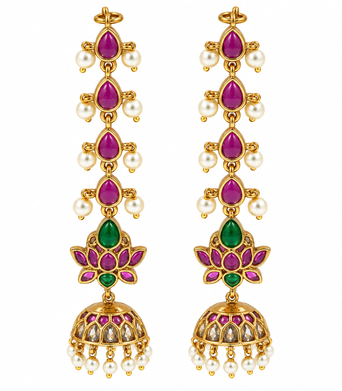 Gold-tone magenta and green lotus jhumka earrings, matching pair on white background