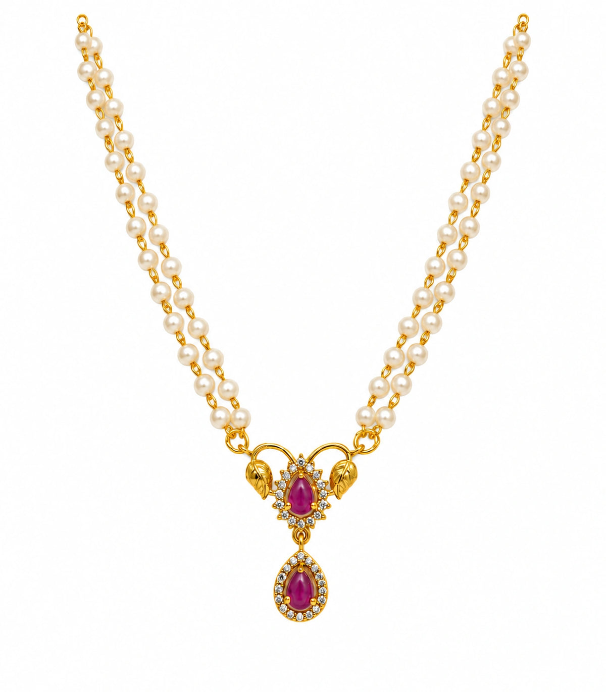 One gold-tone necklace with twin white bead strands, two gold leaf motifs and two magenta teardrop accents on white.