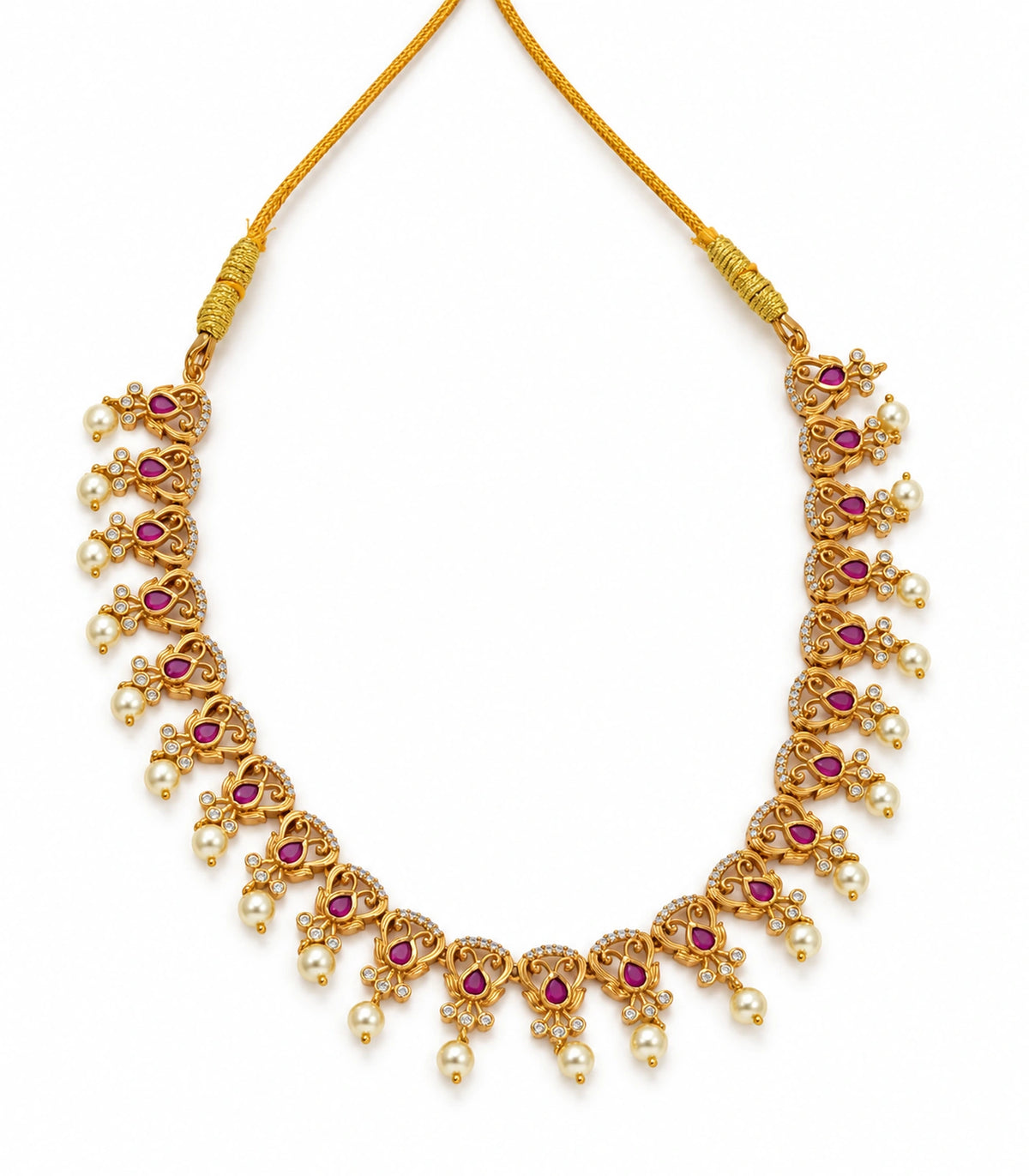 Gold Tone Magenta Pearl Leaf Collar Necklace on a white background