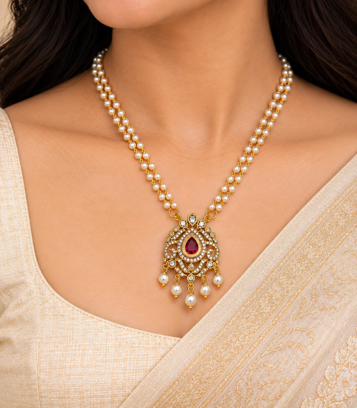 One magenta pendant necklace with twin white bead strands and five pearl drops, in a worn close view; ears and eyes outside frame.