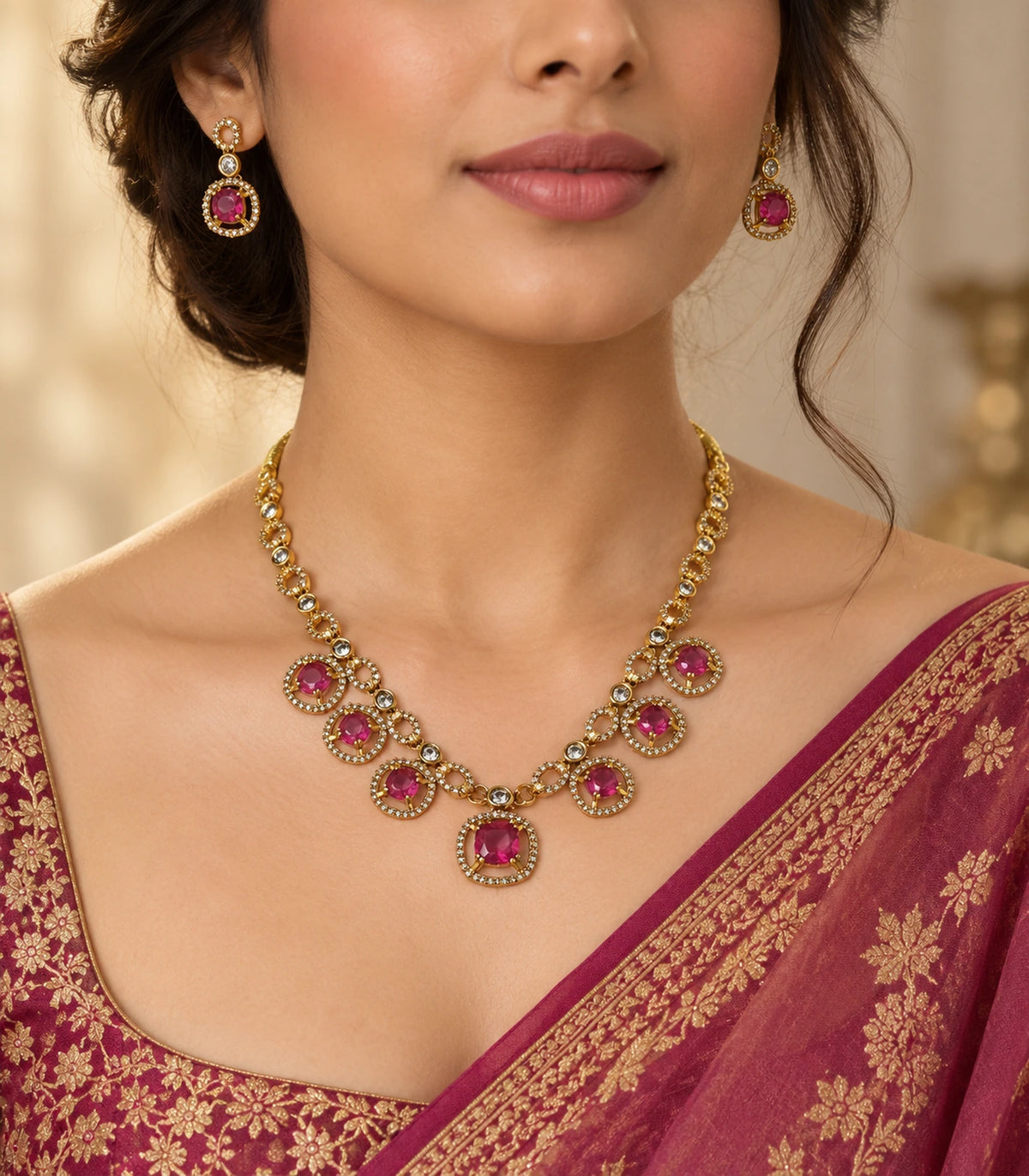 Round Crystal Teardrop Necklace Set in Magenta with gold-tone finish, editorial worn view #Color_Magenta