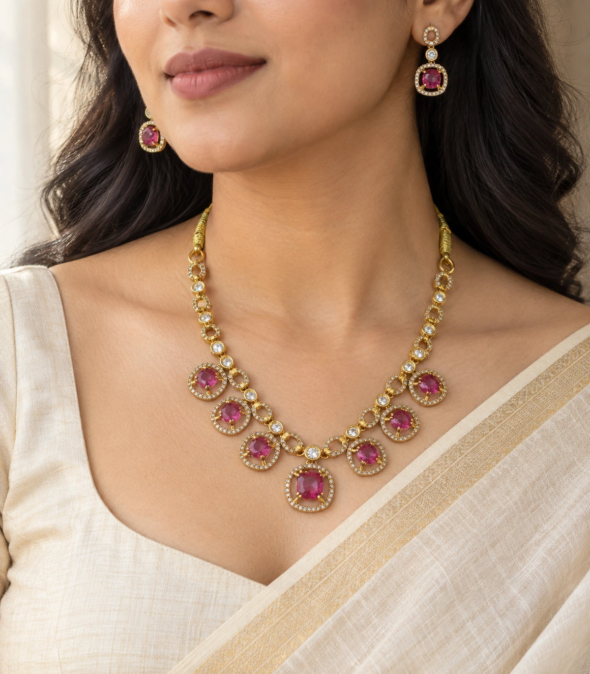 Round Crystal Teardrop Necklace Set in Magenta with gold-tone finish, worn model view #Color_Magenta