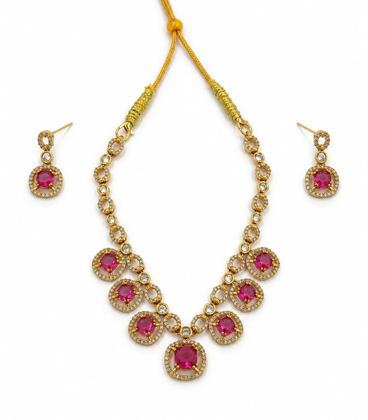 Round Crystal Teardrop Necklace Set in Magenta with gold-tone finish, white-background product view #Color_Magenta