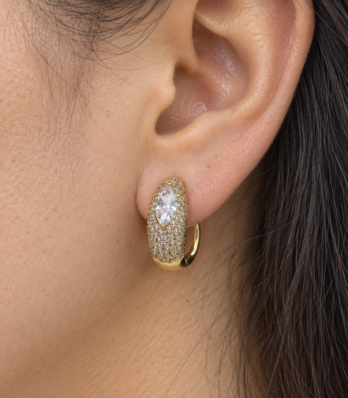 JIMIKI marquise pave open hoop earring pair in gold tone close-up detail #color_gold tone