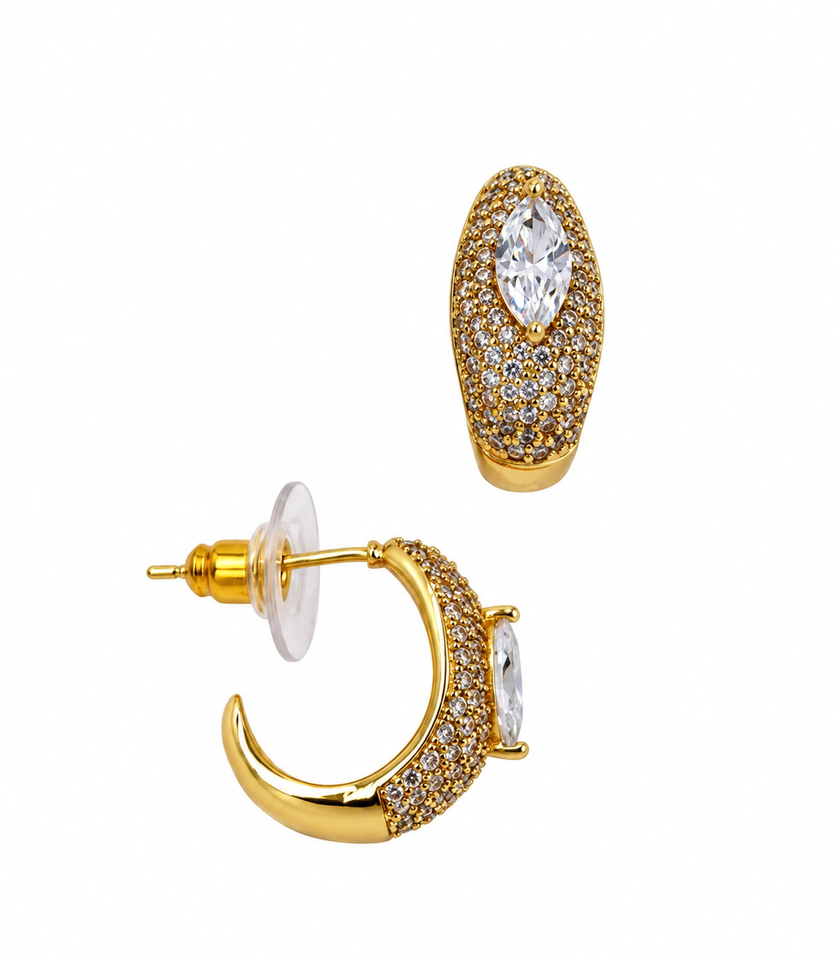 JIMIKI marquise pave open hoop earring pair in gold tone on a white background #color_gold tone
