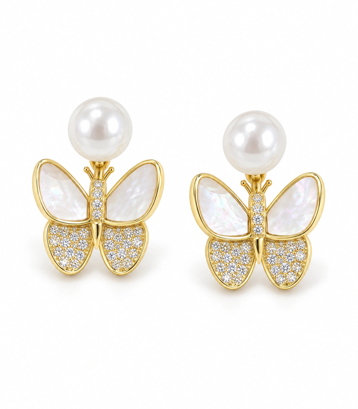 JIMIKI Gold-Tone Pearlescent Butterfly Pearl-Style Stud Earrings in Pearl White / Gold, white background product view