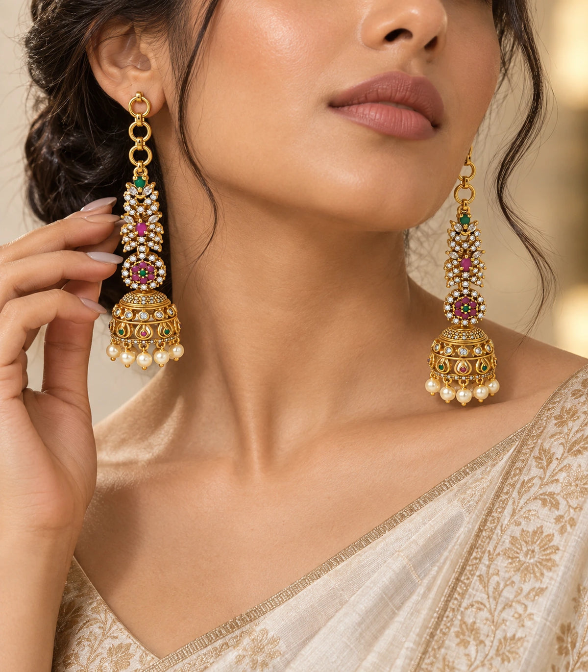 Gold-tone multicolor jhumka earring pair in an occasion styling composition