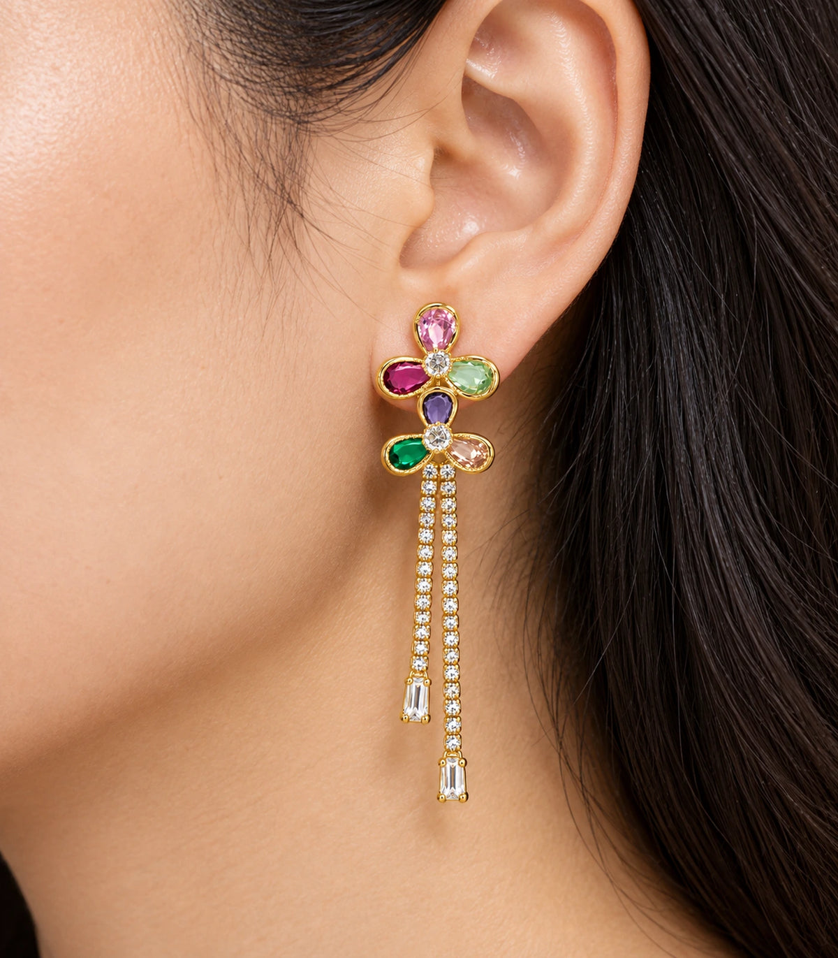 JIMIKI Gold-Tone Multicolour Floral Tassel Earrings — close-up of the earring design #color_gold-tone / multicolour