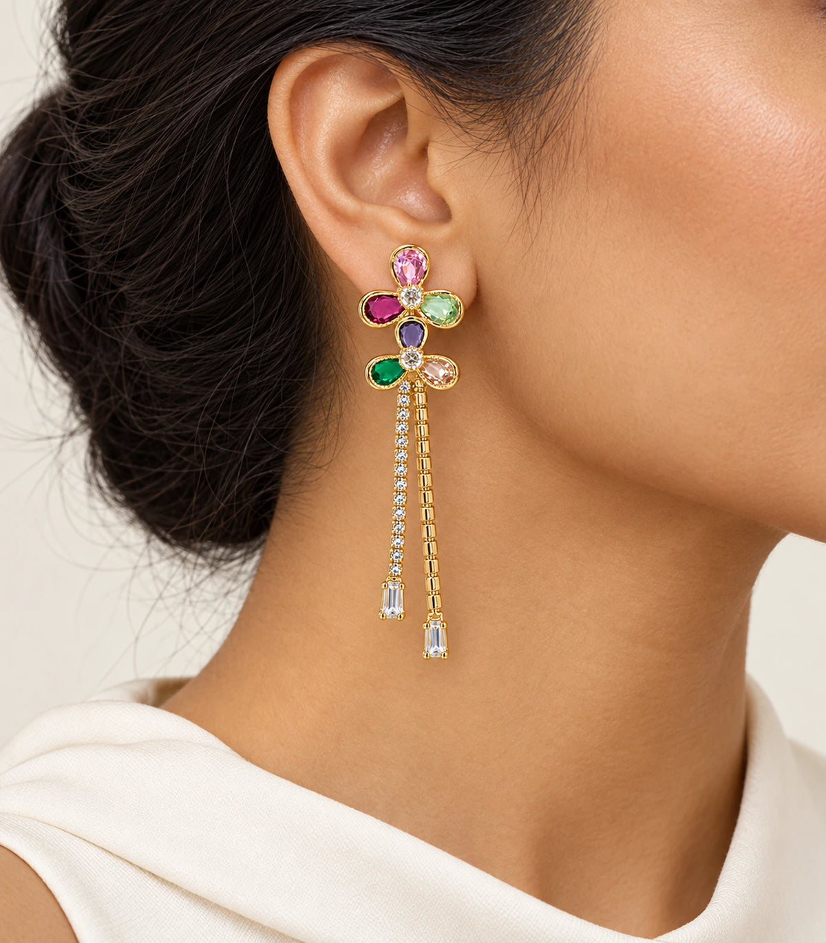 JIMIKI Gold-Tone Multicolour Floral Tassel Earrings — worn on the ear #color_gold-tone / multicolour