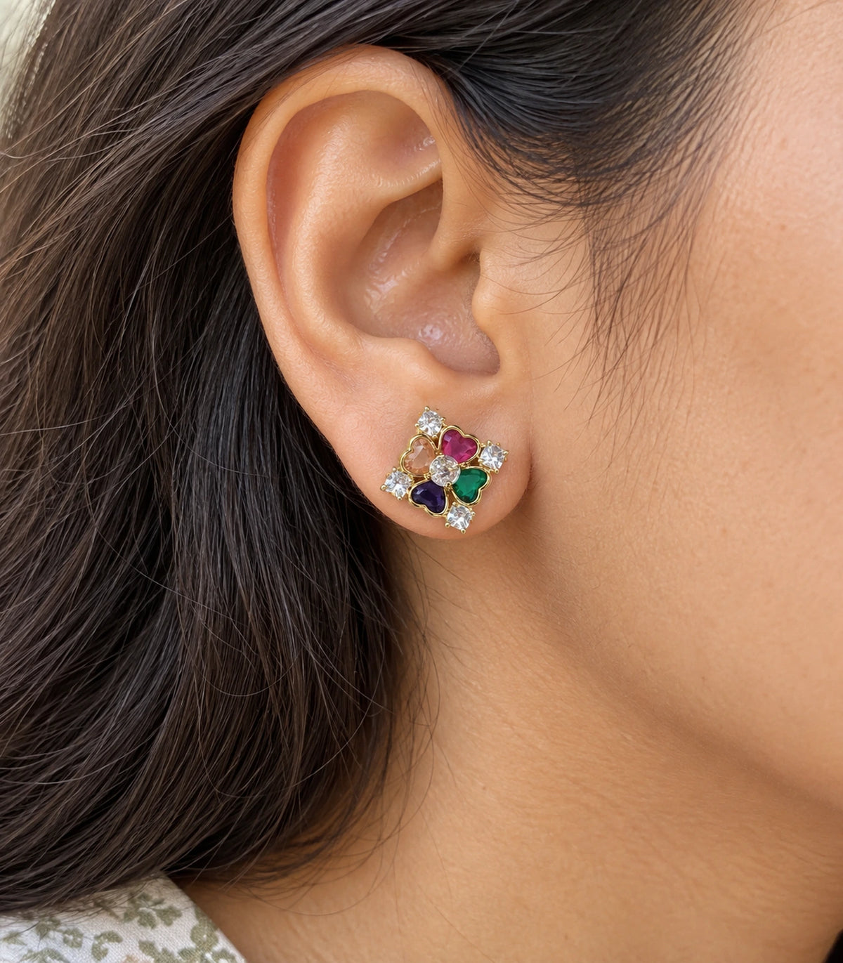 JIMIKI Gold-Tone Multicolour Heart Petal Stud Earrings — close-up of the earring design #color_gold-tone / multicolour