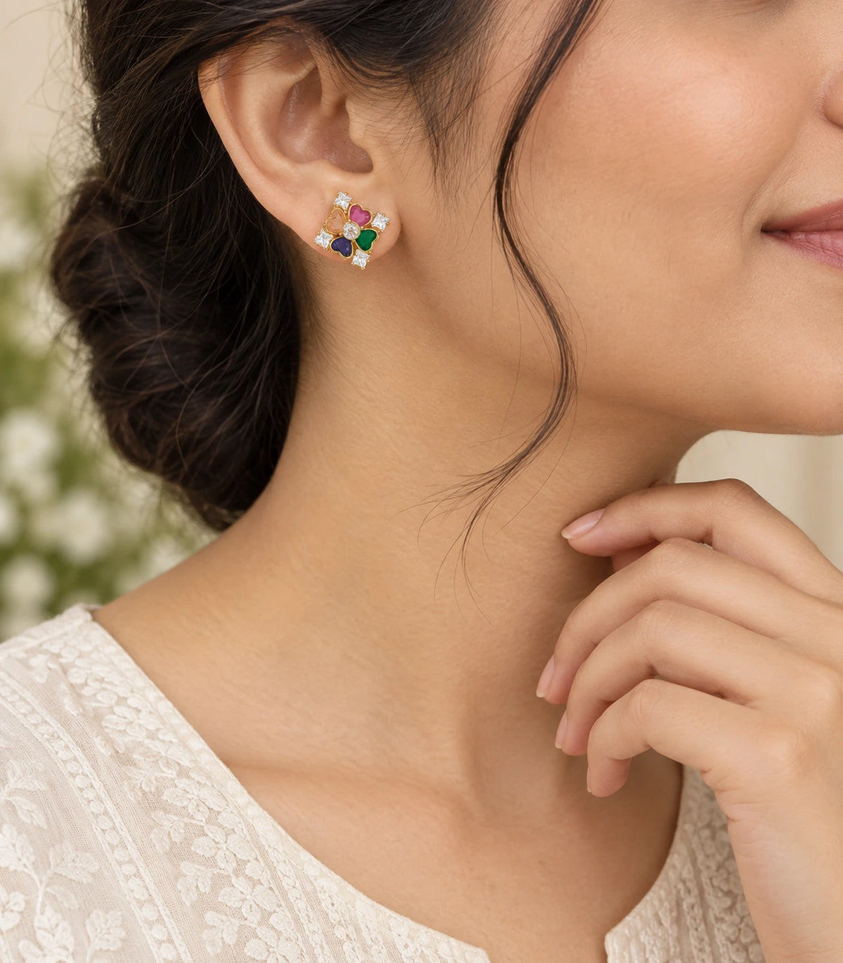 JIMIKI Gold-Tone Multicolour Heart Petal Stud Earrings — earrings styled with an outfit #color_gold-tone / multicolour