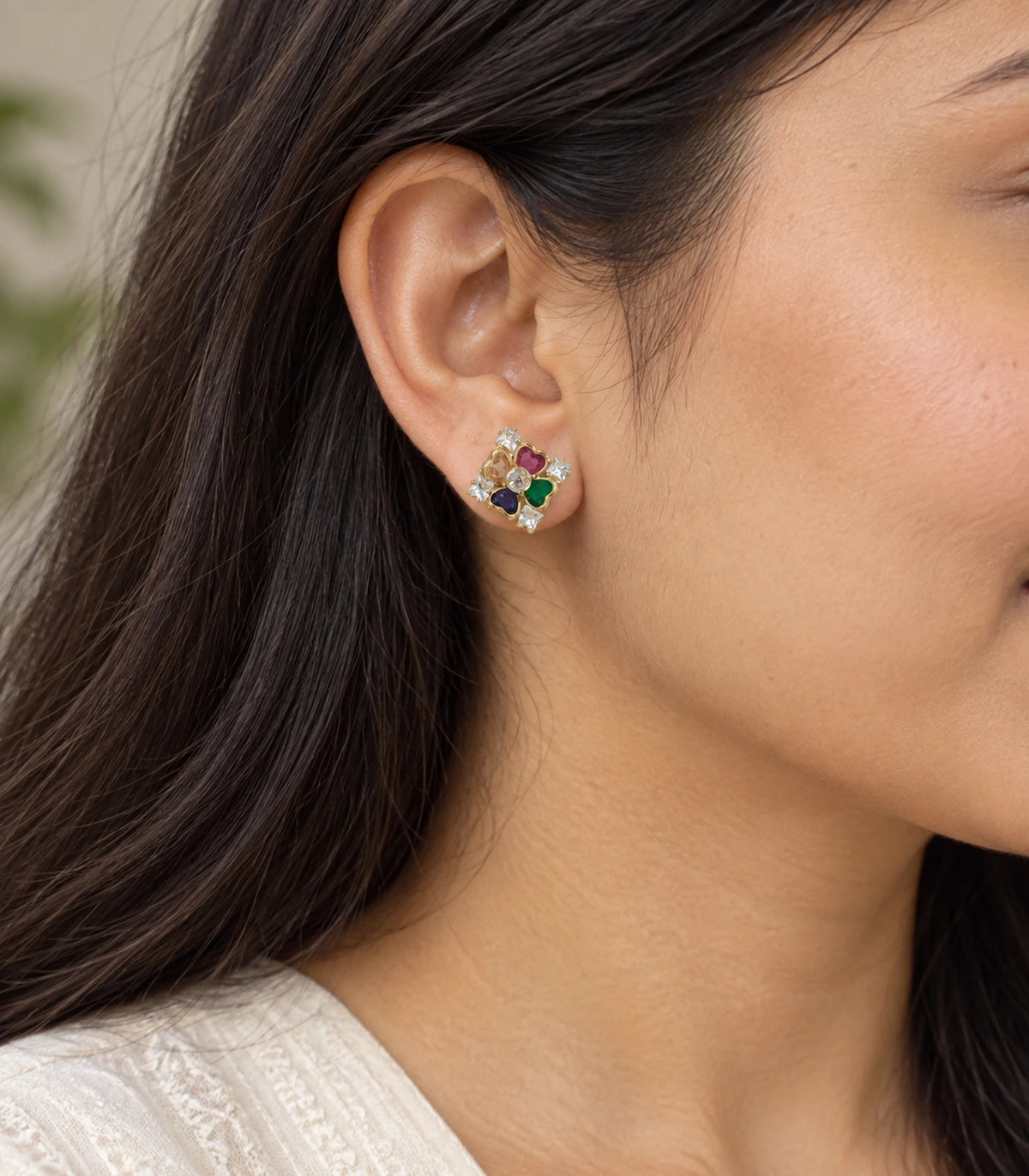 JIMIKI Gold-Tone Multicolour Heart Petal Stud Earrings — worn on the ear #color_gold-tone / multicolour