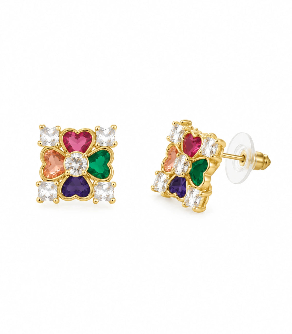 JIMIKI Gold-Tone Multicolour Heart Petal Stud Earrings — pair on white background #color_gold-tone / multicolour