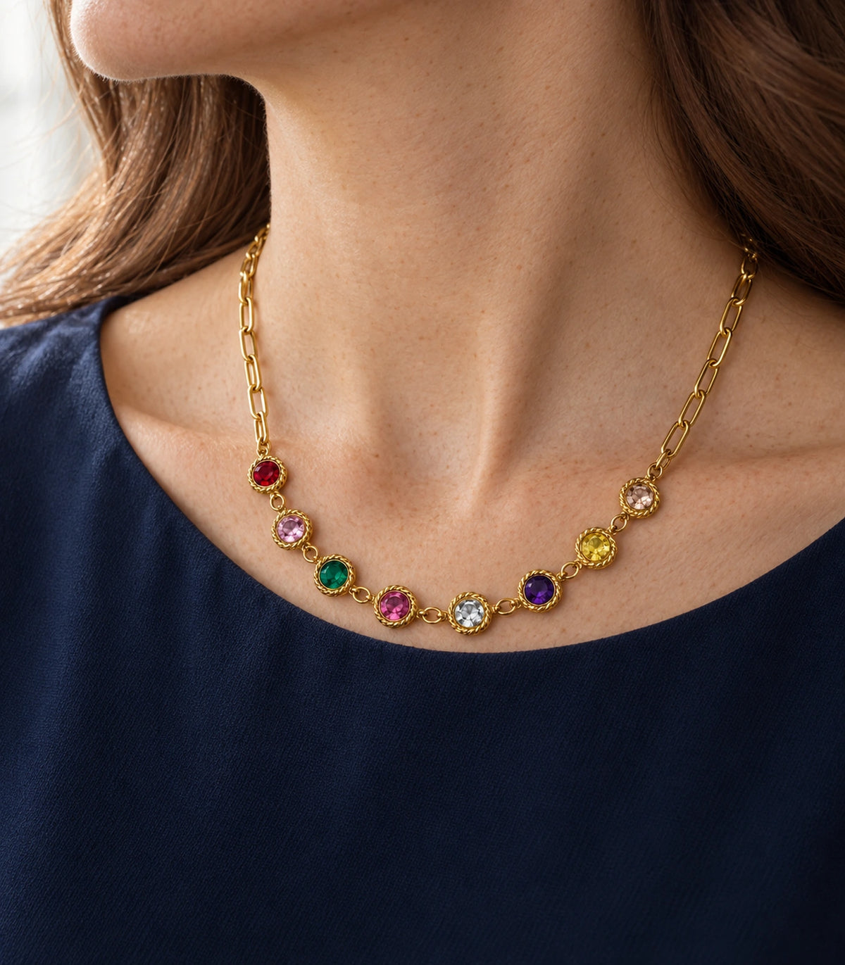 JIMIKI Gold Tone Multicolour Round Crystal Paperclip Necklace in Gold Tone / Multicolour - editorial worn view #color_gold-tone-multicolour